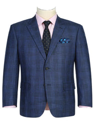 Mens Two Button Classic Fit Sport Coat Navy Blue Windowpane Plaid Blazer - Men's Tuxedo USA