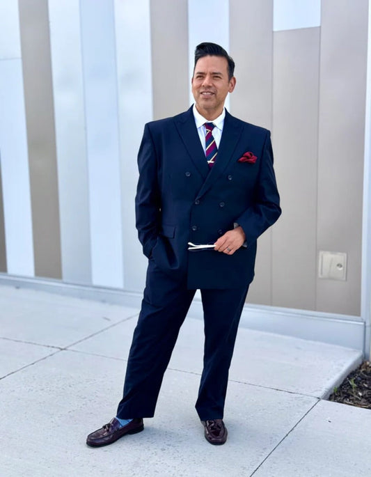 Pleated Suit - Mens Suits With Pleated Pant -  Regular Fit Suit - Navy Blue Poplin Suit - Men's Tuxedo USA