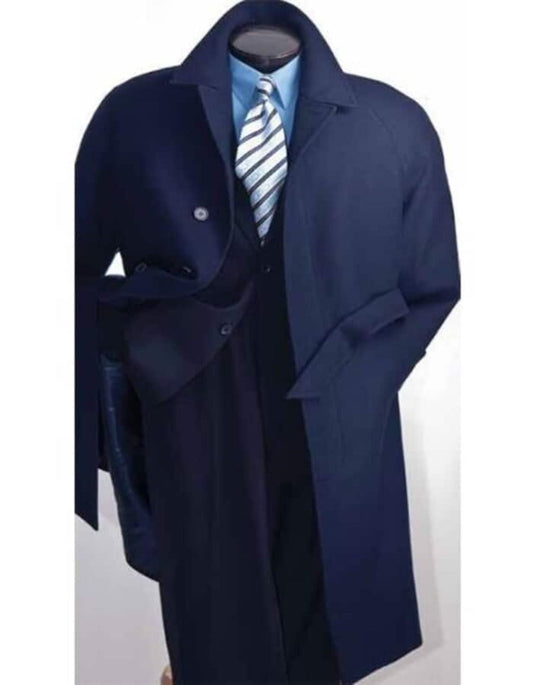 Mens Overcoat - Topcoat For Men - Winter Fabric - Men's Full Length Navy Blue Belted Wool Overcoat - Men's Tuxedo USA