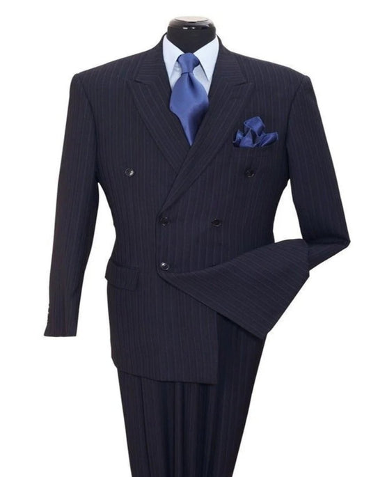 Pleated Dress Men Suits - Mens Classic Double Breasted Smooth Pinstripe Navy Suit