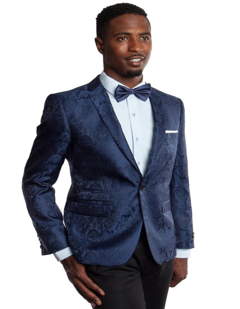 Men's Slim Fit Two Button Navy Paisley Blazer - Men's Tuxedo USA