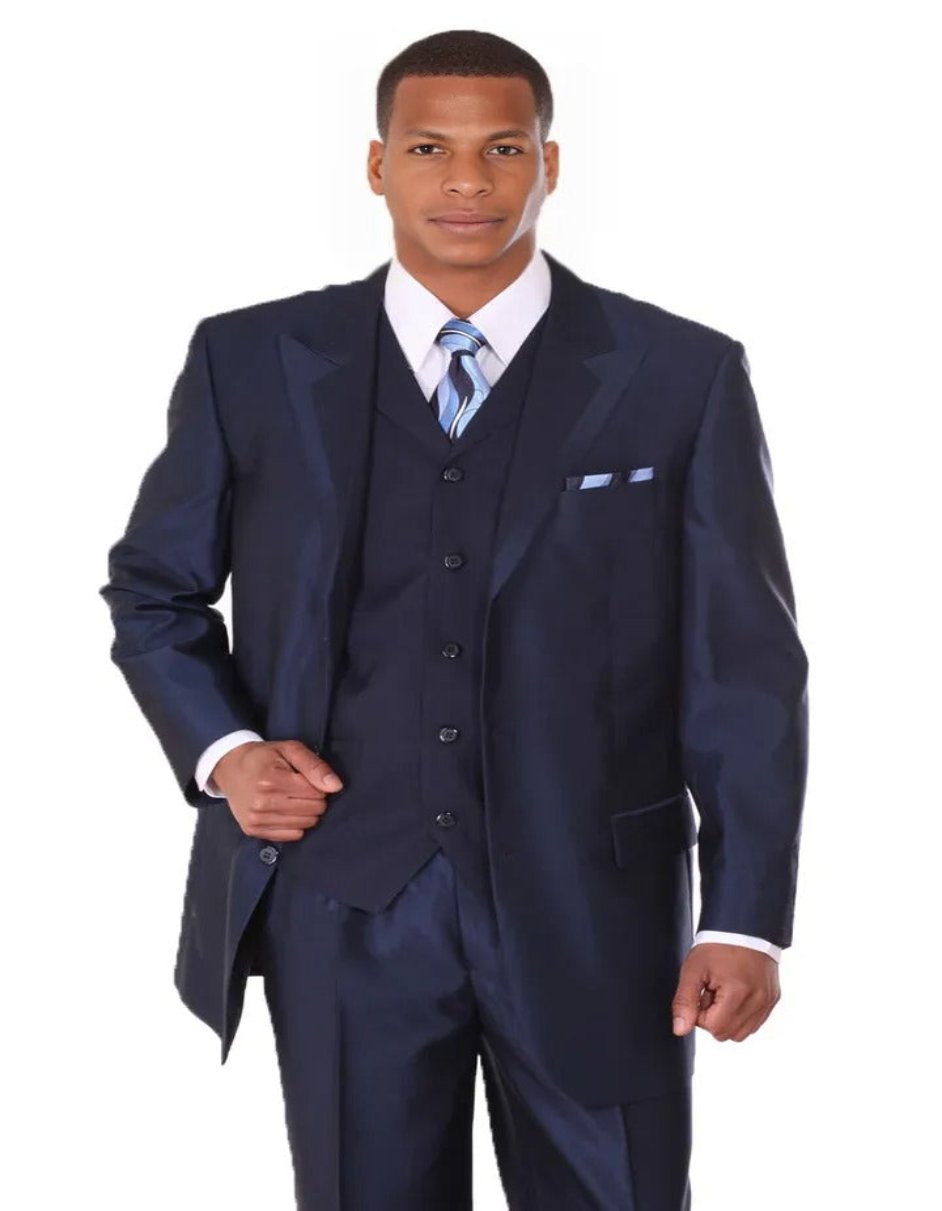 Pleated Dress Men Suits - Mens 3 Button Vested Wide Peak Lapel Two Tone Navy Blue Sharkskin Suit