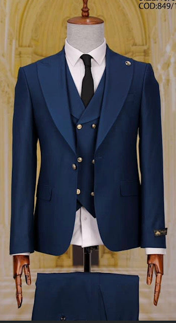 Mens One Button Peak Lapel Vested Wedding Suit with Gold buttons in White - Men's Tuxedo USA