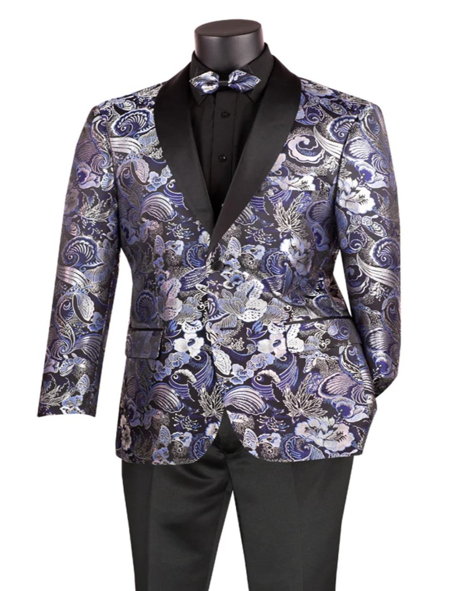 Mens Japanes Floral Paisley Print Prom & Wedding Navy Blue Tuxedo - Men's Tuxedo USA