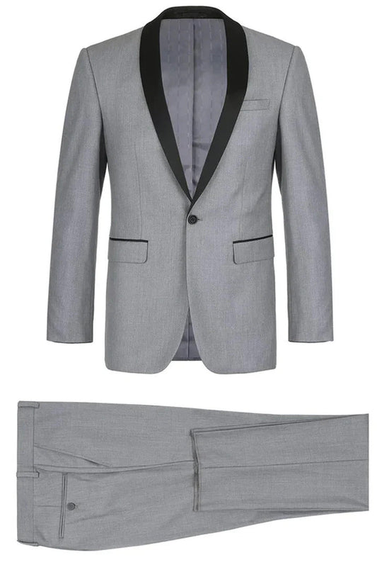 Mens Gray Tuxedo - Grey Wedding Suit-Mens Traditional Slim Fit Shawl Collar Tuxedo In Light Grey - Men's Tuxedo USA