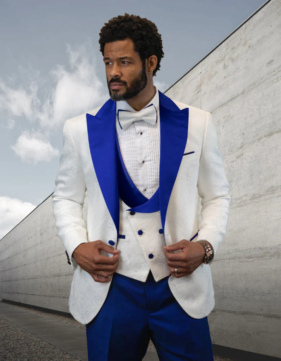 Statement Men's White with Royal Blue Peak Lapels Vested Tuxedo with Bow Tie - Men's Tuxedo USA