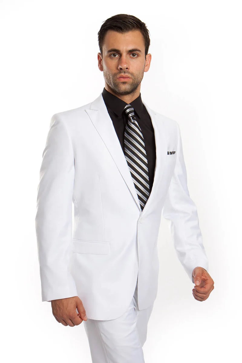 Men's Slim Fit One Button Peak Lapel Suit in White - Men's Tuxedo USA