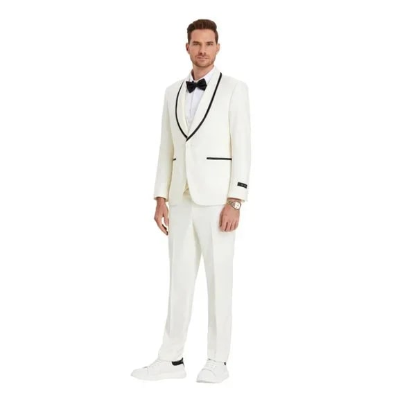 New Tazio Birdseye Textured Off-White Tuxedo | Shawl Collar Satin Trim 3-Piece - Men's Tuxedo USA