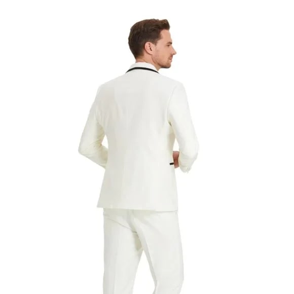 New Tazio Birdseye Textured Off-White Tuxedo | Shawl Collar Satin Trim 3-Piece - Men's Tuxedo USA