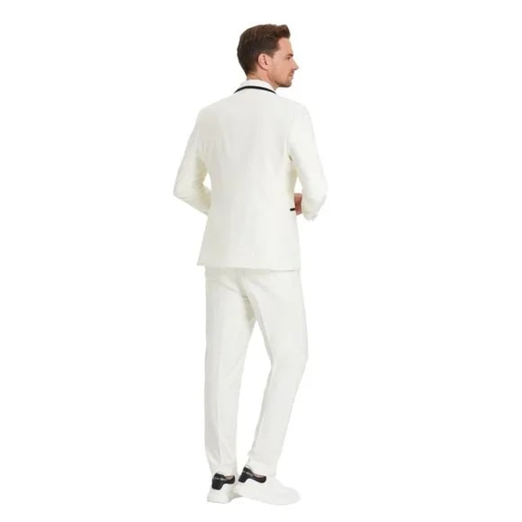 New Tazio Birdseye Textured Off-White Tuxedo | Shawl Collar Satin Trim 3-Piece - Men's Tuxedo USA