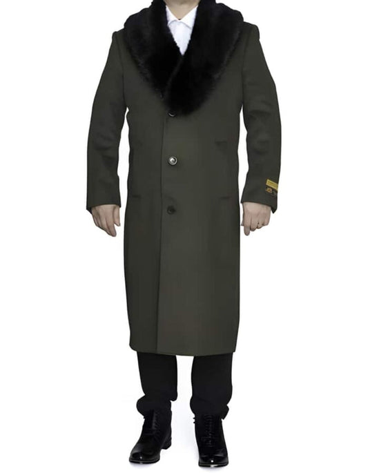 Mens Overcoat - Topcoat For Men - Winter Fabric - Removable Fur Collar Olive Green Overcoat Long men's Dress Topcoat - Winter coat 4XL 5XL 6XL Big and Tall Large Man ~ Plus Size - Men's Tuxedo USA