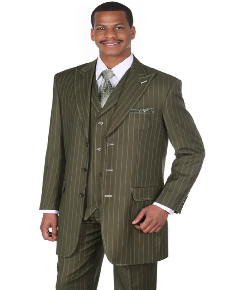 Pleated Dress Men Suits - Mens Vintage Vested Gangster Bold Pinstripe Fashion Olive Green Suit