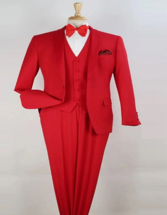 Mens One Button Modern Fit Vested Shawl Tuxedo Matching Vest in Red