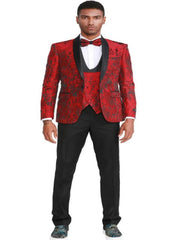 Mens Slim Fit Single Breasted One Button Vested Paisley Shawl Lapel Prom Tuxedo in Red