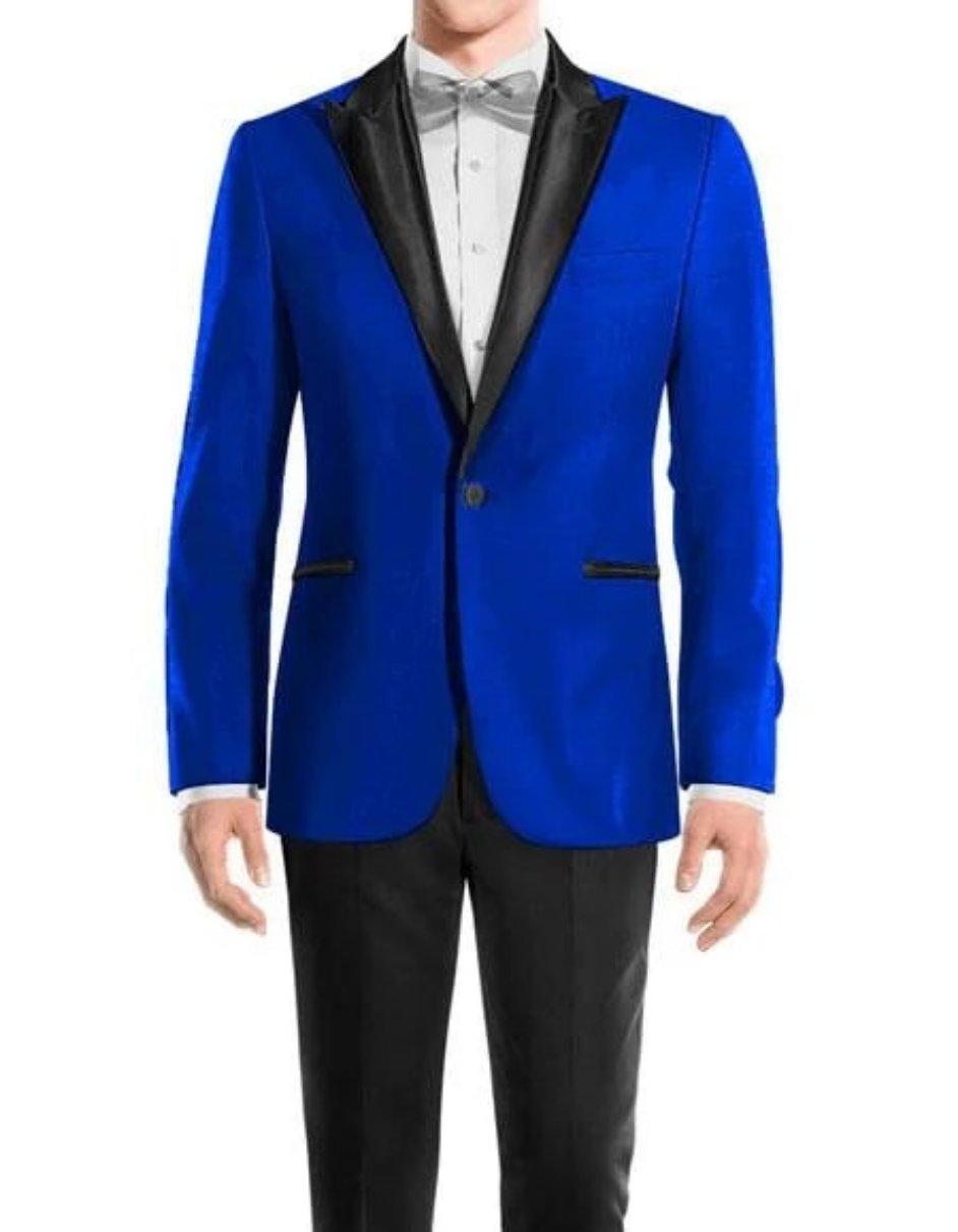 Mens Royal Blue One Button Peak Black Lapel Wool Tuxedo - Men's Tuxedo USA