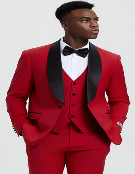 Mens Vested One Button Shawl Lapel Designer Tuxedo in Red