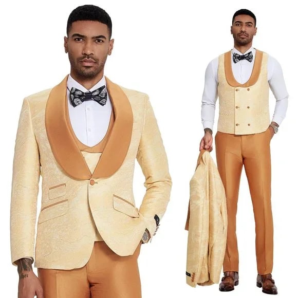 2024 Prom Special Orange Tuxedo Suit w/ Double-Breasted Vest by Tazzio - Men's Tuxedo USA