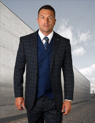 Mens 2 Button Vested Peak Lapel Suit in Navy Windowpane - Men's Tuxedo USA