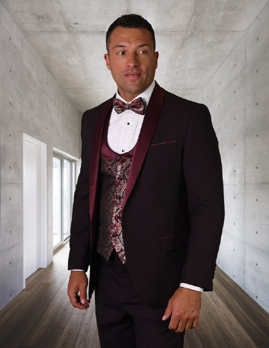 Mens One Button Shawl Tuxedo with Paisley Scoop Neck Vest in Burgundy - Men's Tuxedo USA