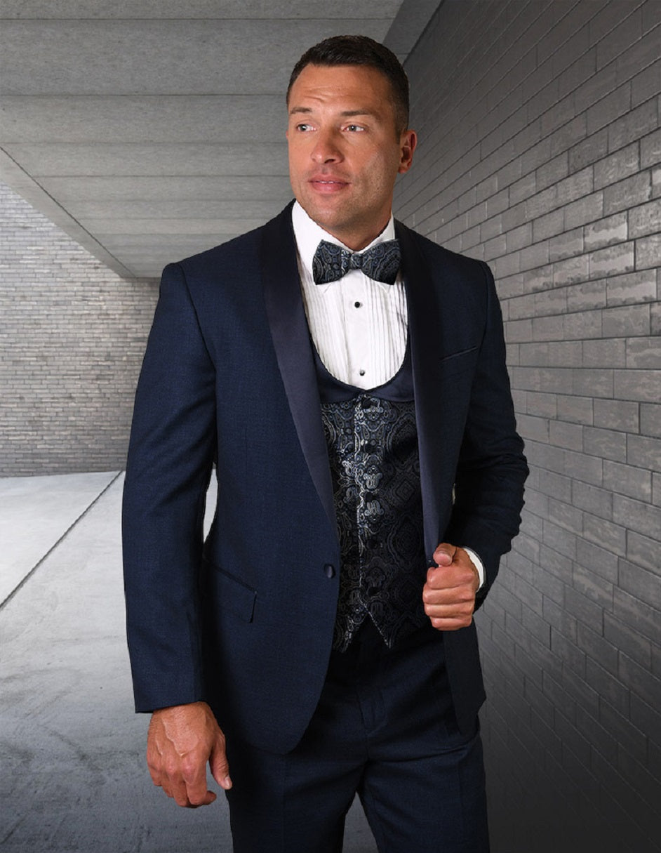 Mens One Button Shawl Tuxedo with Paisley Scoop Neck Vest in Indigo Blue - Men's Tuxedo USA