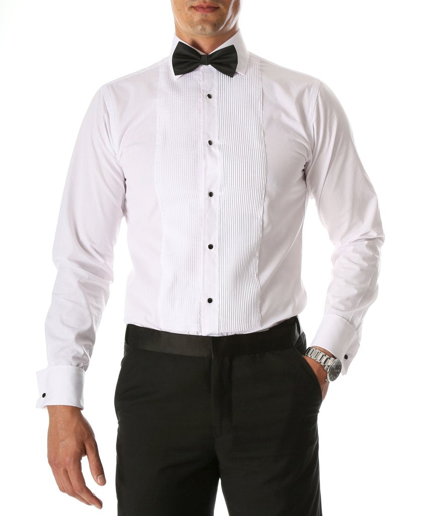 Mens Slim Fit Spread Collar Tuxedo Shirt in White - Men's Tuxedo USA