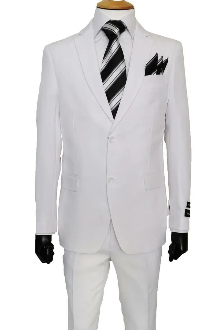 White Wedding Suit For Men - Perfect For Groom - Mens 2 Button Classic Fit Basic Poplin Suit In White - Men's Tuxedo USA