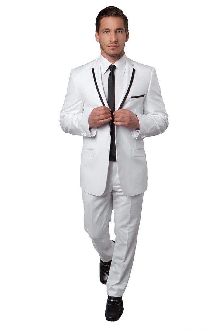 Men's Two Button Slim Fit Wedding  Prom Tuxedo Suit in White with Black Piping - Men's Tuxedo USA