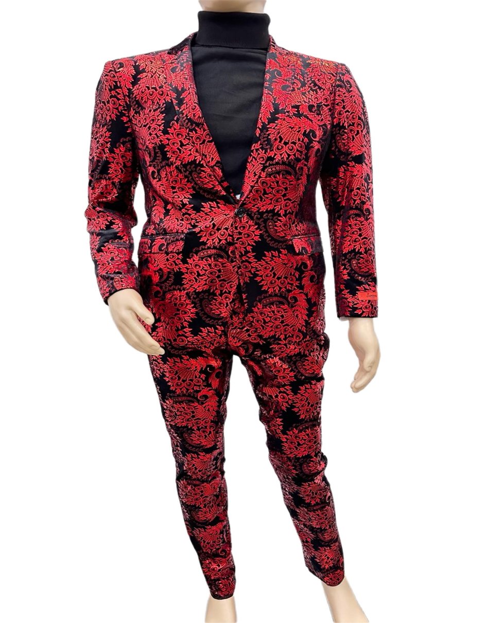 Paisley Suit - Black and Red Prom Suit - Slim Fit Stage Suit - Men's Tuxedo USA