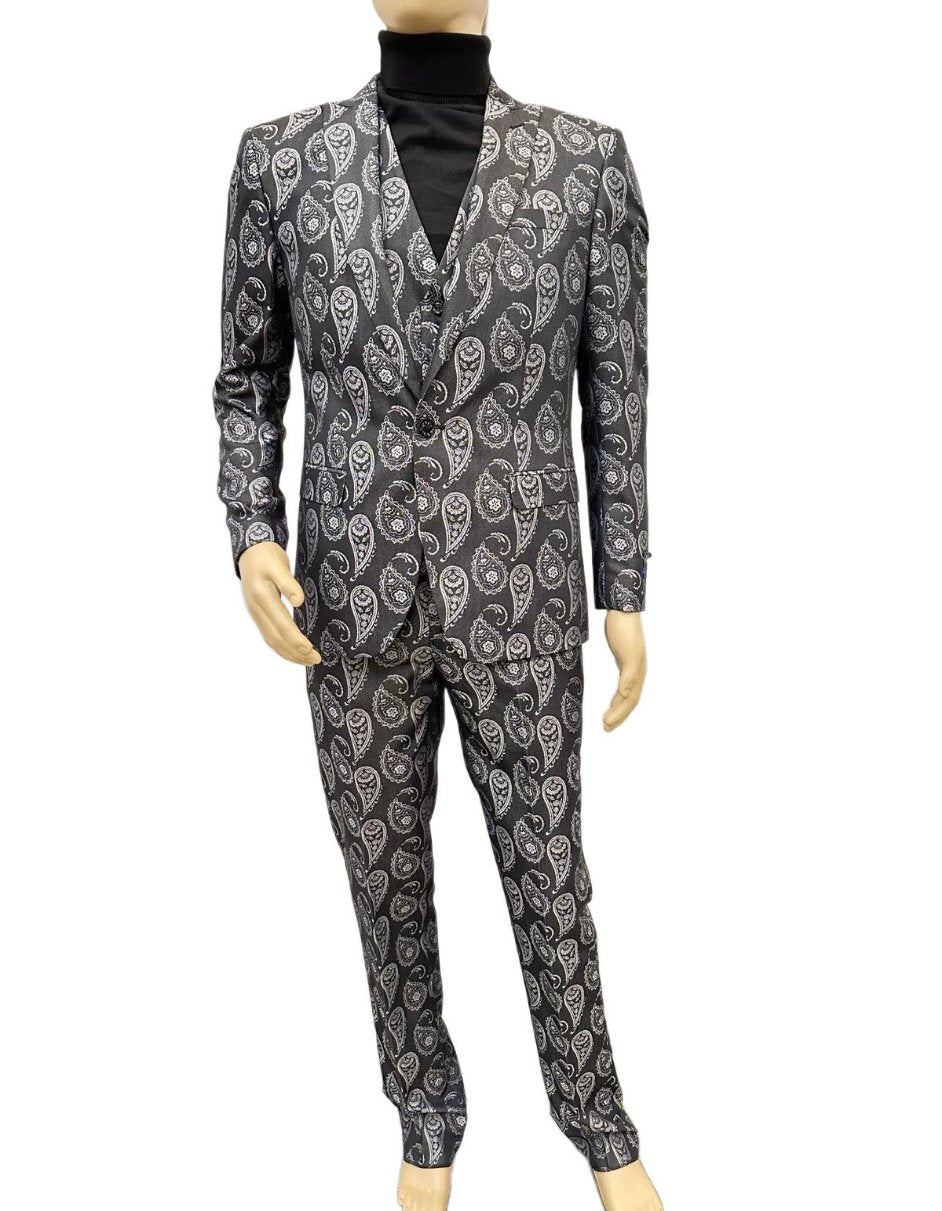 Paisley Suit - Gray - Silver - Charcoal Prom Suit - Slim Fit Stage Suit - Men's Tuxedo USA