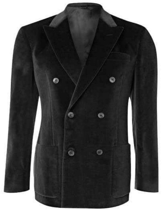 Double Breasted Peak Label Black Velvet Blazer