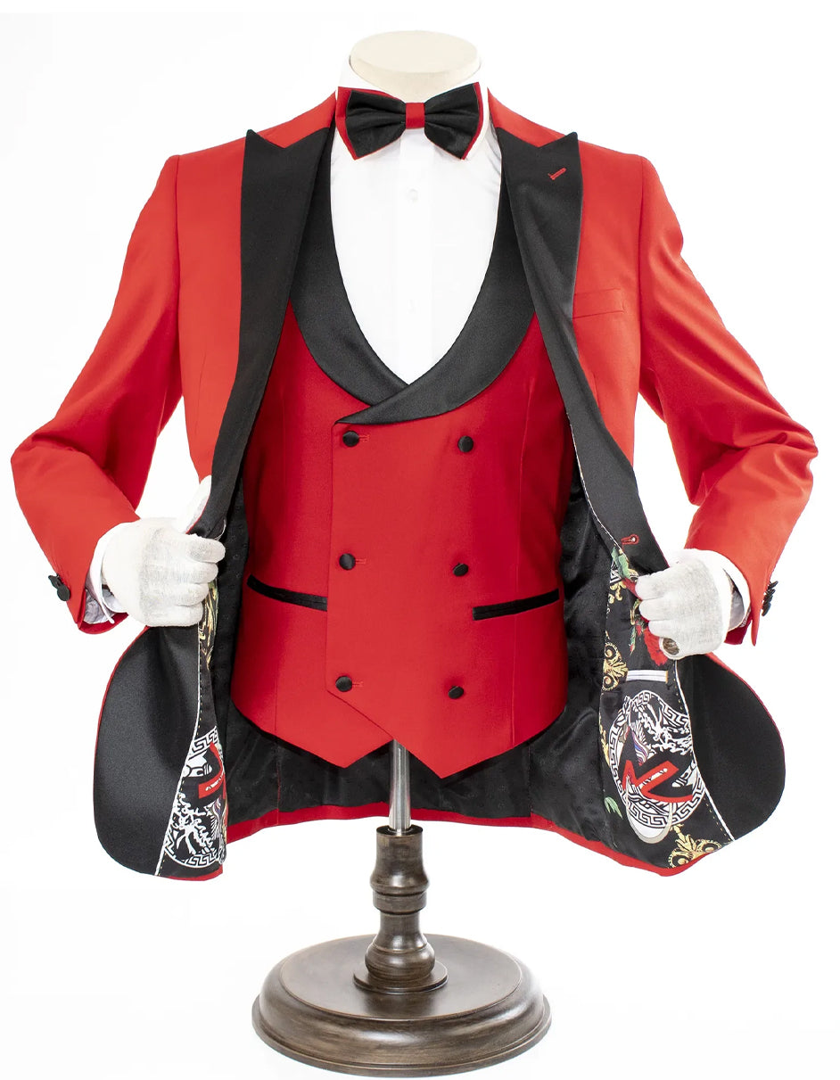 Mens 2 Button Peak Lapel Prom Red Tuxedo with Double Breasted Vest - Men's Tuxedo USA