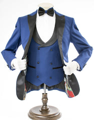 Mens 2 Button Peak Lapel Prom Sapphire Blue Tuxedo with Double Breasted Vest - Men's Tuxedo USA