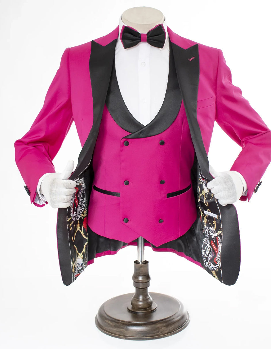 Mens 2 Button Peak Lapel Prom Rose Pink Tuxedo with Double Breasted Vest - Men's Tuxedo USA