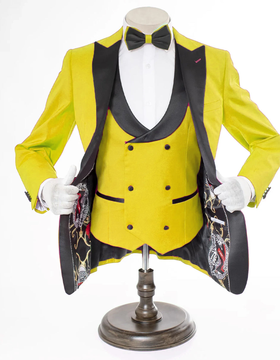 Mens 2 Button Peak Lapel Prom Yellow Tuxedo with Double Breasted Vest - Men's Tuxedo USA