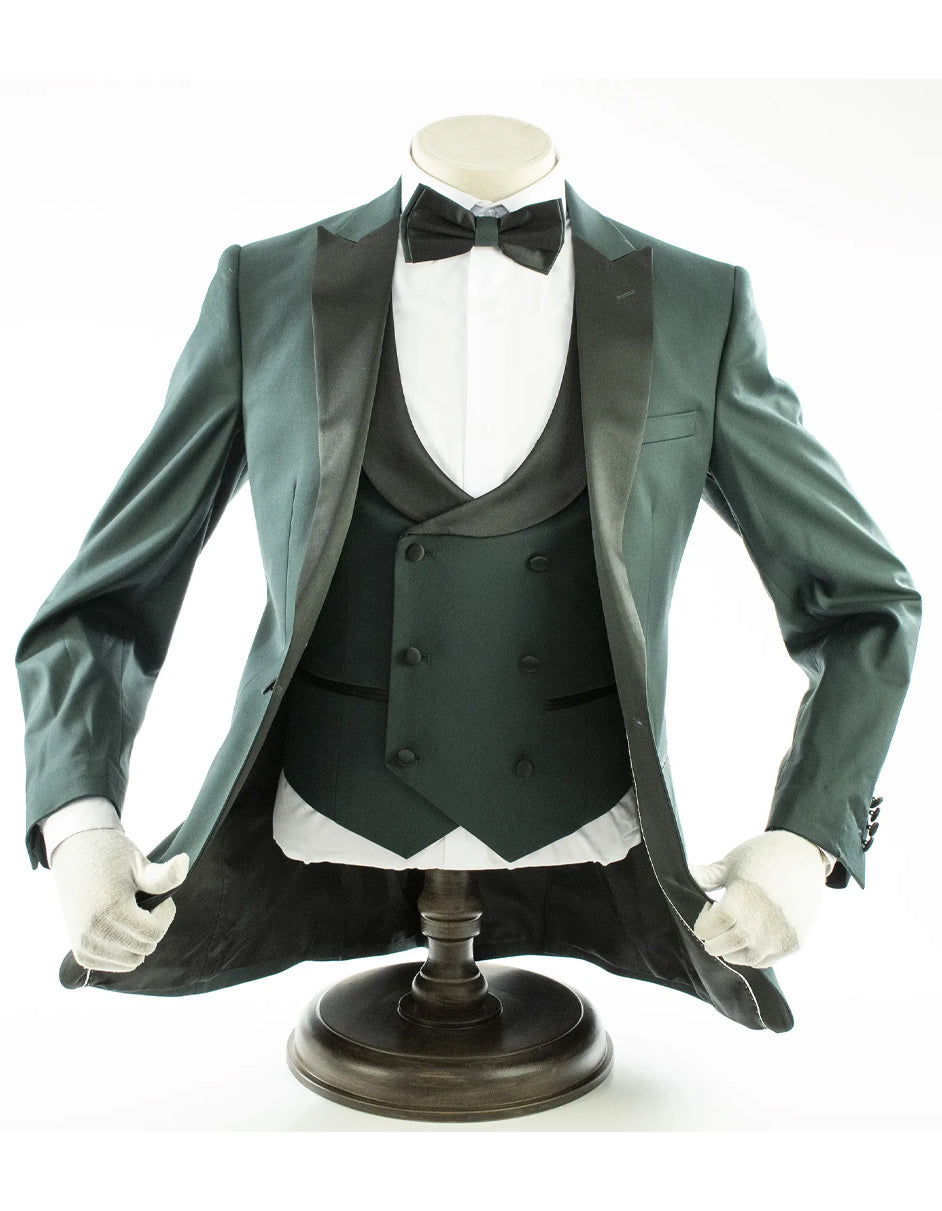 Mens 2 Button Peak Lapel Prom Hunter Green Tuxedo with Double Breasted Vest - Men's Tuxedo USA