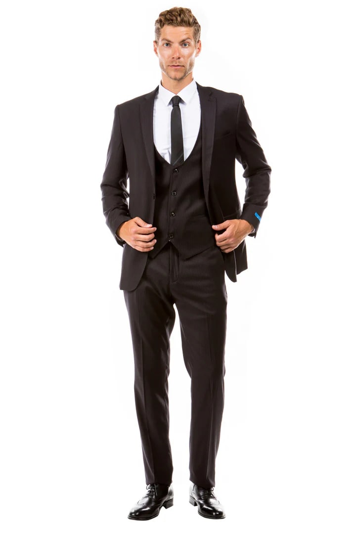 Men's Two Button Vested Hybrid Fit Micro Mini Pinstripe Business Suit In Black - Men's Tuxedo USA