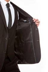 Men's Two Button Vested Hybrid Fit Micro Mini Pinstripe Business Suit In Black - Men's Tuxedo USA