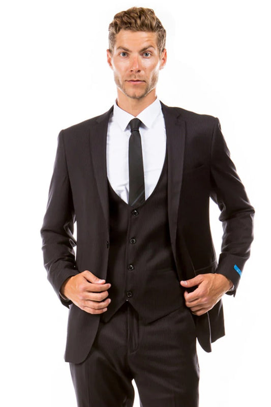 Men's Two Button Vested Hybrid Fit Micro Mini Pinstripe Business Suit In Black - Men's Tuxedo USA