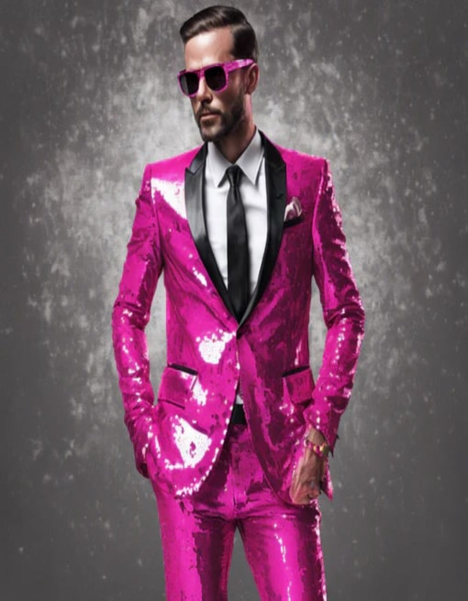 Mens Sequin Suit - Sparkly Suit - Pink Fabric Glitter Suit - Men's Tuxedo USA