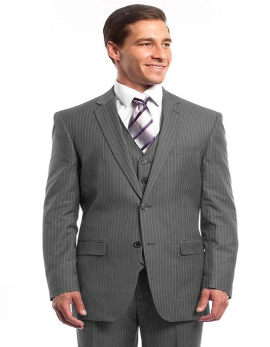 Light Grey Suit - Silver Gray Suit For Wedding - Men's Two Button Vested Business Light Grey Pinstripe Suit - Men's Tuxedo USA