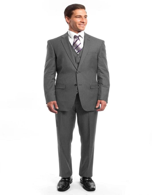 Light Grey Suit - Silver Gray Suit For Wedding - Men's Two Button Vested Business Light Grey Pinstripe Suit - Men's Tuxedo USA