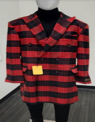 Mens Plaid Overcoat - Wool Peacoat - Plaid Topcoats Plaid Pattern Red and Black - Men's Tuxedo USA