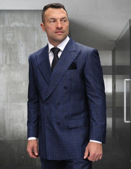 Mens Double Breasted Wool Suit Grey Plaid Regular Fit Sapphire - Men's Tuxedo USA