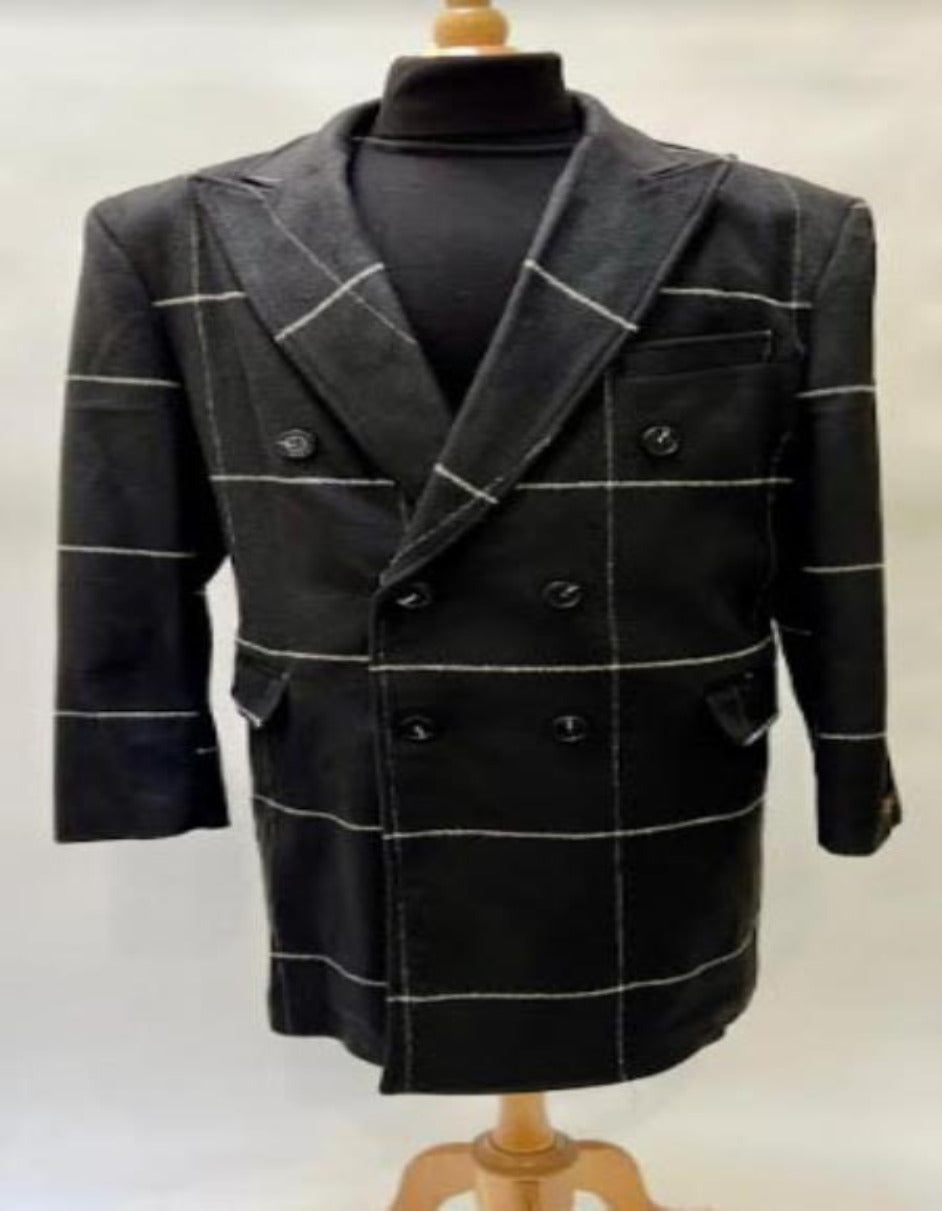 Mens Plaid Overcoat - Wool Peacoat - Plaid Topcoats - Peak Lapel Black - Men's Tuxedo USA