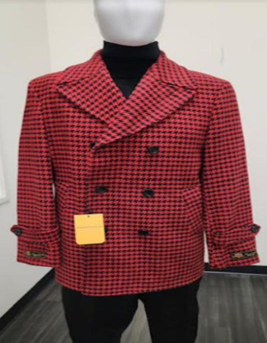 Mens Plaid Overcoat - Wool Peacoat - Plaid Topcoats Double Breasted Red - Men's Tuxedo USA