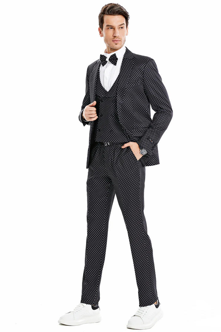 Men's One Button Vested Mini Polka Dot Prom Suit In Black & White - Men's Tuxedo USA