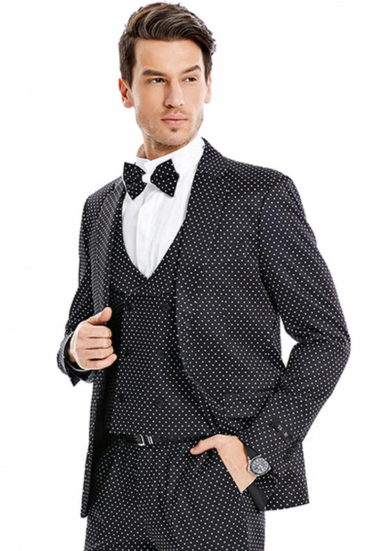 Men's One Button Vested Mini Polka Dot Prom Suit In Black & White - Men's Tuxedo USA