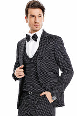 Men's One Button Vested Mini Polka Dot Prom Suit In Black & White - Men's Tuxedo USA