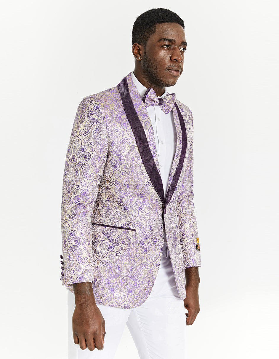 Mens Ivory and Light Purple Lavender Floral Paisley Prom and Wedding Tuxedo Blazer - Men's Tuxedo USA