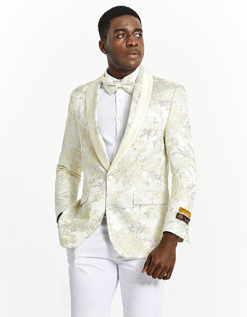 Mens Slim Fit Ivory & Gold Floral Prom Tuxedo Dinner Jacket - Men's Tuxedo USA